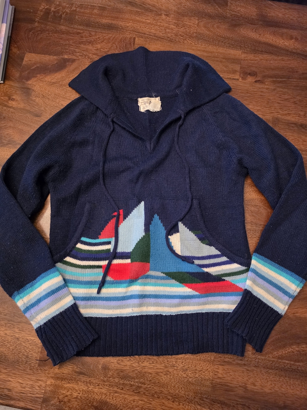 Rare Vintage Navy Shawl Collar Sweater with Multicolor Sailboat Pattern
